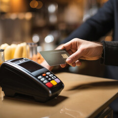 Hand with credit card swipe by electronic