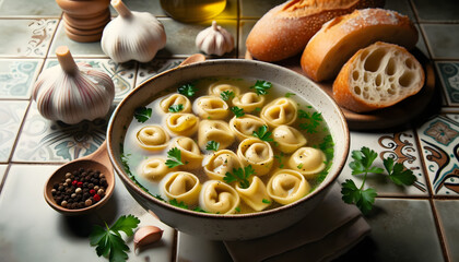 A comforting bowl of tortellini floating in a savory broth, paired with crusty Italian bread in a cozy home kitchen setting - obrazy, fototapety, plakaty