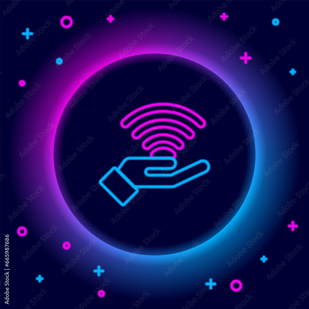 Poster Glowing neon line 5G new wireless internet wifi connection icon isolated on black background. Global network high speed connection data rate technology. Colorful outline concept. Vector