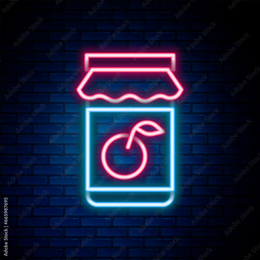 Poster glowing neon line jam jar icon isolated on brick wall background. colorful outline concept. vector