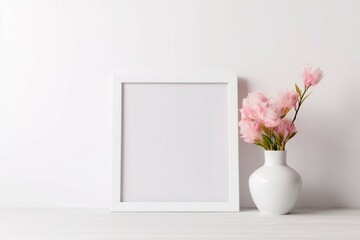 White square frame mockup with pink oleander in a vase