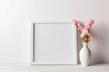 White square frame mockup with pink oleander in a vase