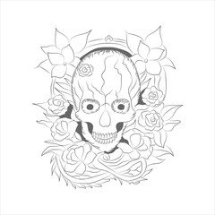 Skull with flower tattoo hand drawing vector illustration