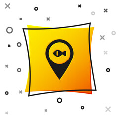 Fototapeta premium Black Location fishing icon isolated on white background. Fishing place. Yellow square button. Vector