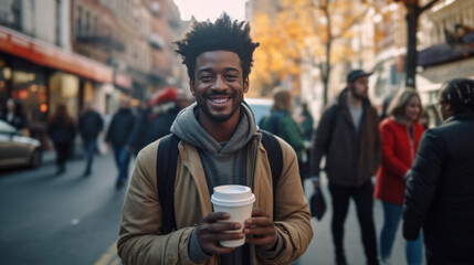 African-American man drinking coffee int he street, smiling looking at camera holding a paper takeaway coffee to-go cup, crowded street, autumn city