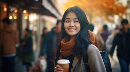 Young Asian woman drinking coffee in the street, holding a paper coffee to-go cup, student wearing a scarf and a coat, crowded street on background, autumn city