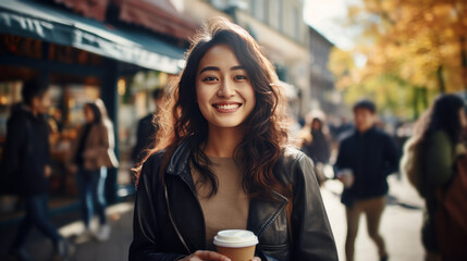 Young Asian woman drinking takeaway coffee in the street, crowded street, smiling looking at camera, holding a coffee to-go cup, city street on background