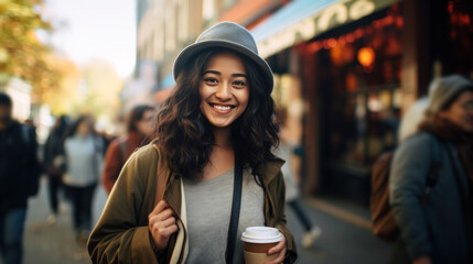 Young woman drinking coffee in the crowded street, holding a paper coffee to-go cup, autumn city on background