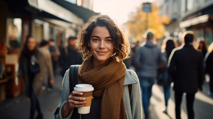 Young woman drinking coffee outdoors, holding a paper coffee to-go cup, smiling looking at camera, takeaway coffee mug, crowded street on background, mid autumn, wearing a scarf