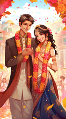 Vibrant illustration of Indian wedding couple in a wedding ceremony