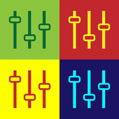 Pop art Music equalizer icon isolated on color background. Sound wave. Audio digital equalizer technology, console panel, pulse musical. Vector