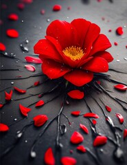 a vibrant red flower with delicate petals, captured in stunning detail against a contrasting black surface