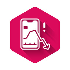 White Mobile stock trading concept icon isolated with long shadow background. Online trading, stock market analysis, business and investment. Pink hexagon button. Vector