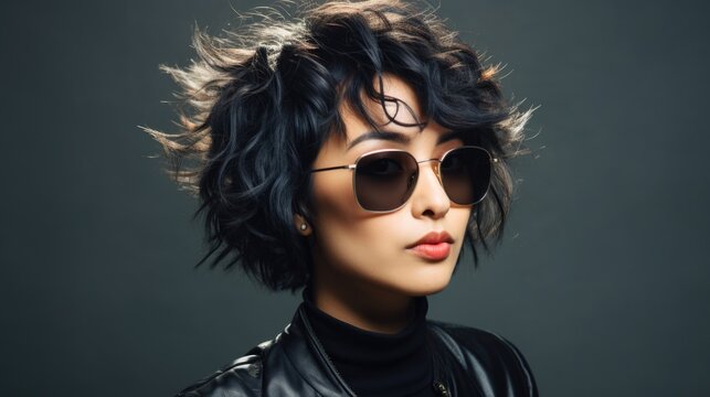 Asian Business Woman With Fashionable Hairstyle Wearing Sunglasses.