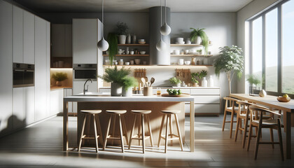 Fototapeta premium A modern Scandinavian kitchen is brought to life through photorealistic digital photography. Central to the design is a minimalist kitchen island with AI generated