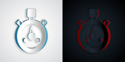 Paper cut Stopwatch icon isolated on grey and black background. Time timer sign. Chronometer sign. Paper art style. Vector