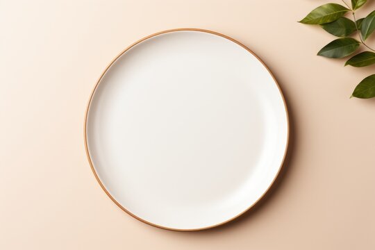 An empty white plate on a beige background, AI