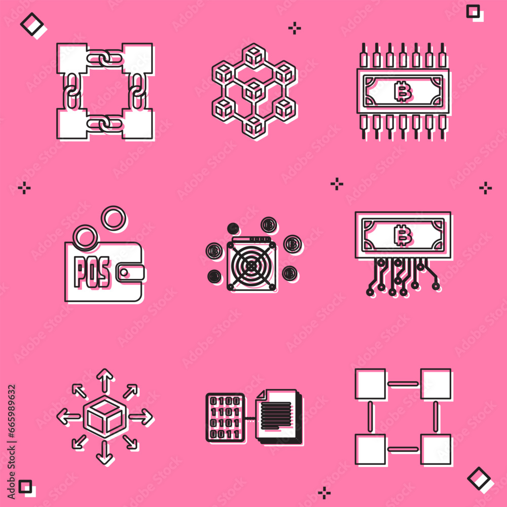 Poster set blockchain technology, , cryptocurrency bitcoin with circuit, proof of stake, asic miner and ico