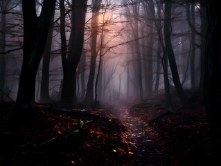 Dark forest with fog and beautiful colors, hazy forest, Horror forest background, forest surrounded by dense trees, road or path through dark forest