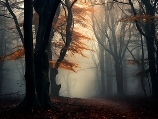 Dark forest with fog and beautiful colors, hazy forest, Horror forest background, forest surrounded by dense trees, road or path through dark forest