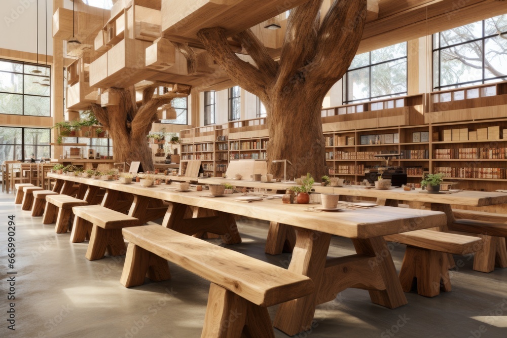 Poster a library with a large tree in the middle, ai