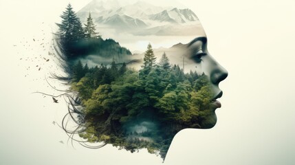 The image of a woman is mixed with the image of a forest and mountains. Abstract image of a woman. Environment. Unity with nature.