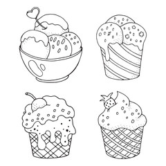 set of hand drawn cupcakes,ice cream set,black ouutline, isolated on white