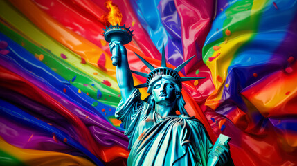LGBTQ+ Statue of liberty with flag - obrazy, fototapety, plakaty