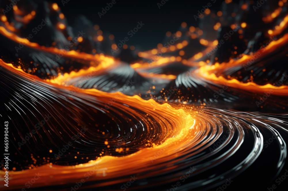 Poster a 3d rendering of a lava flow with flames, ai
