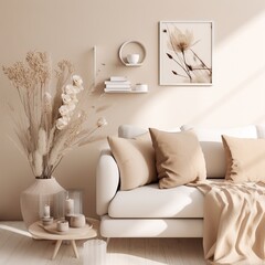 interior picture in life coaching style with cozy elements/decor in minimalist aesthetic stype and white and beige tone