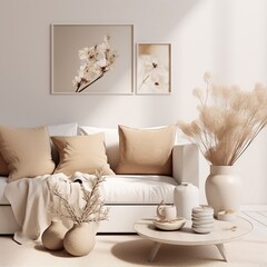 interior picture in life coaching style with cozy elements/decor in minimalist aesthetic stype and white and beige tone