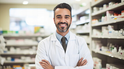 smiling pharmacist at work posing in a pharmacy