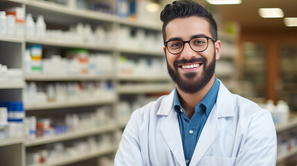 Fototapeta premium bearded pharmacist wearing glasses in pharmacy