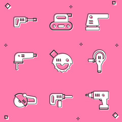 Set Rotary hammer drill machine, Electric planer tool, sander, jigsaw, circular, Angle grinder, and icon. Vector