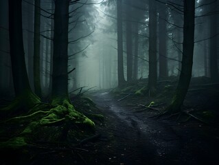 Dark forest with fog and beautiful colors, hazy forest, Horror forest background, forest surrounded by dense trees, road or path through dark forest - Powered by Adobe