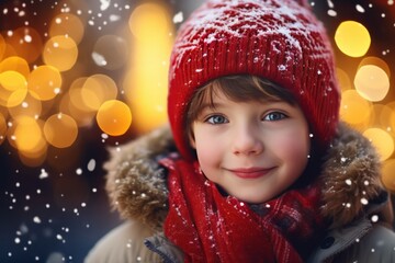Winter holidays concept. Generative AI. Portrait of a child dressed in winter clothes, rejoicing in the first snow and winter. A European boy at a Christmas market.