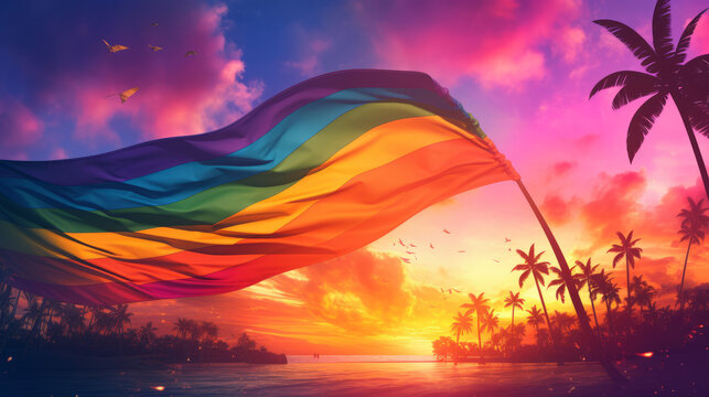 Pride flag waving in the wind at soft sunset