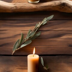 Raw sage delicately placed on a weathered wooden table, surrounded by wispy smoke and the soft glow of a candle. Generative AI.	