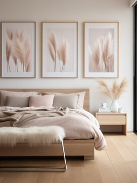 Boho interior design modern bedroom pampas grass cozy country house art picture wooden floor
