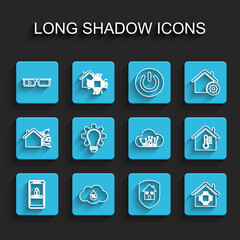 Set line Mobile and password protection, Humidity, Smart glasses, House under, home, Light bulb gear, temperature and Internet of things icon. Vector