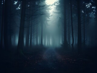 Dark forest with fog and beautiful colors, hazy forest, Horror forest background, forest surrounded by dense trees, road or path through dark forest