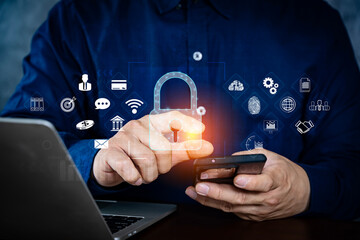 Concept of cyber security, Businesswoman using network online on cloud systemp to server big data information security encryption, secure access to user's personal information