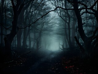 Dark forest with fog and beautiful colors, hazy forest, Horror forest background, forest surrounded by dense trees, road or path through dark forest