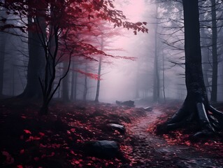 Dark forest with fog and beautiful colors, hazy forest, Horror forest background, forest surrounded by dense trees, road or path through dark forest