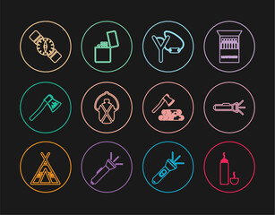 Set line Thermos container, Flashlight, Slingshot, Canteen water bottle, Wooden axe, Compass, and wood and Lighter icon. Vector