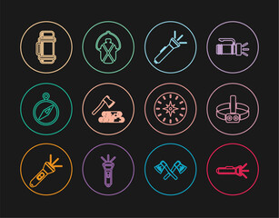 Set line Flashlight, Head flashlight, Wooden axe and wood, Compass, Thermos container, and Canteen water bottle icon. Vector