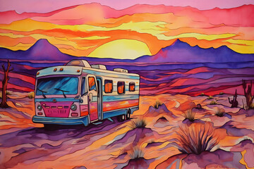 Camper van in the desert at sunset,  Hand drawn illustration