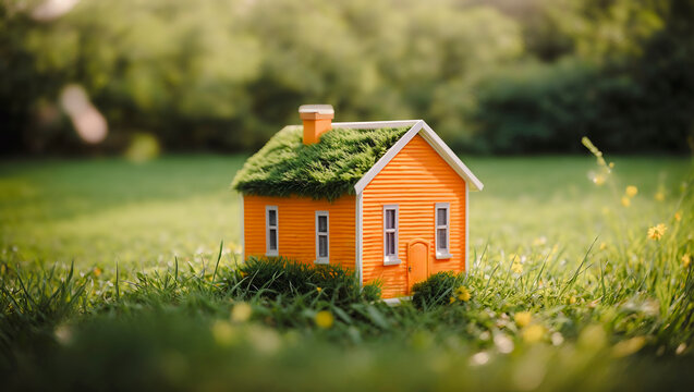 Miniature orange house on a green field
