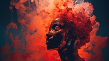 Portrait of a fictional woman. A mixture of lava and man. Double exposure. Abstract image of a woman. Passion and strength. - obrazy, fototapety, plakaty
