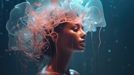 Portrait of a fictional woman with a jellyfish instead of hair. Marine nature. Abstract image of a woman.